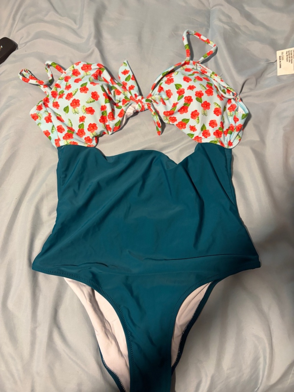 Cupshe Teal One-Piece Swimsuit with White Floral Top